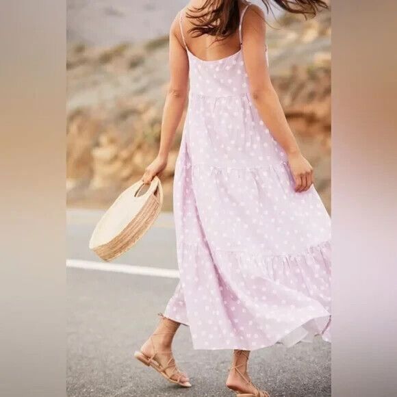 Charlie Holiday Isabella Maxi Dress Womens Medium Purple White Polka Dot Tiered - Picture 7 of 12